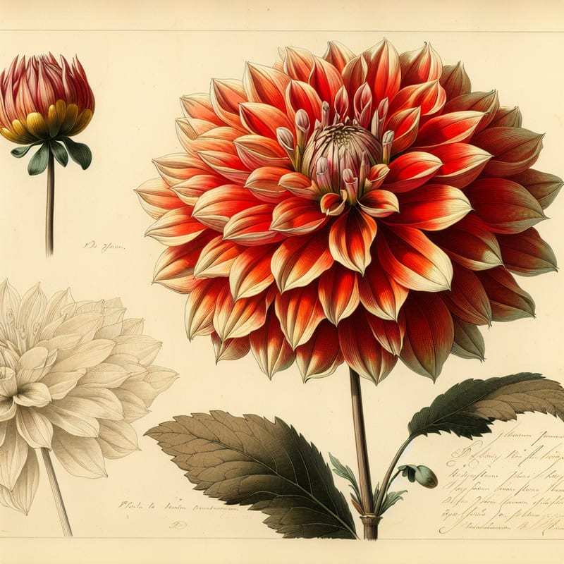 Botanical plate illustration of Eden Predator dahlia, Flame Blend Formal Decorative