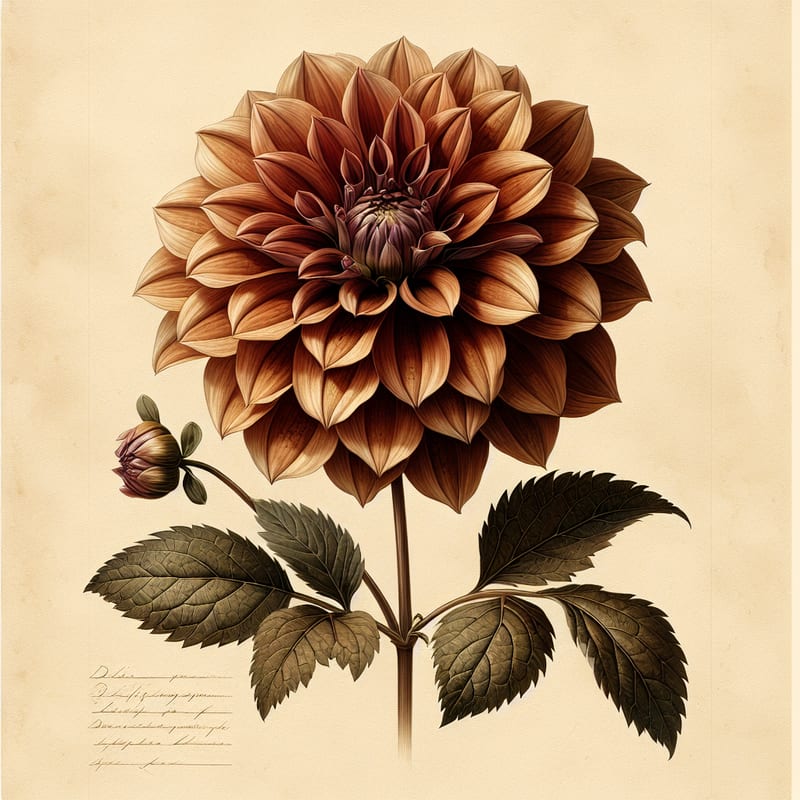Botanical plate illustration of Eden Talos dahlia, Bronze Semi-Cactus