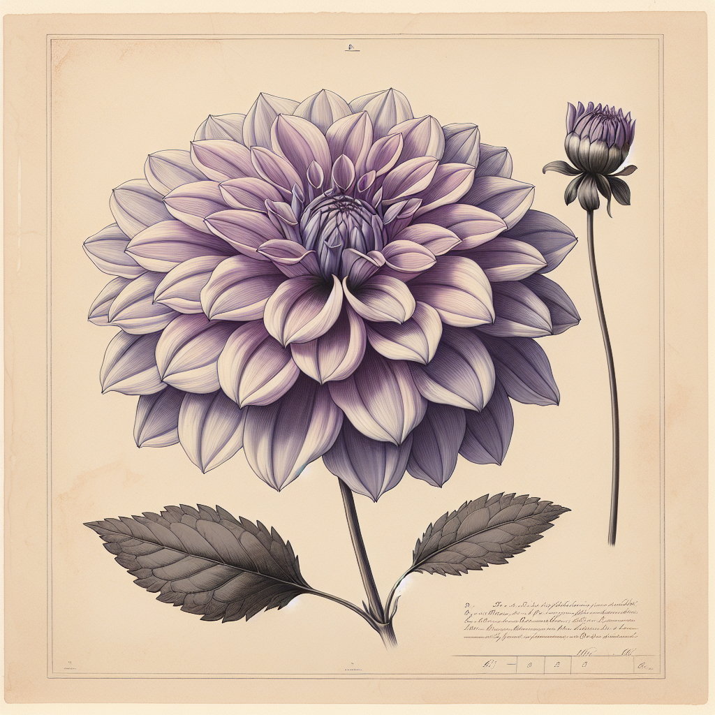 Botanical plate illustration of Elma E dahlia, Yellow Formal Decorative