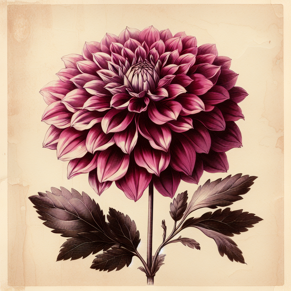 Botanical plate illustration of Elvira dahlia, Dark Pink Peony