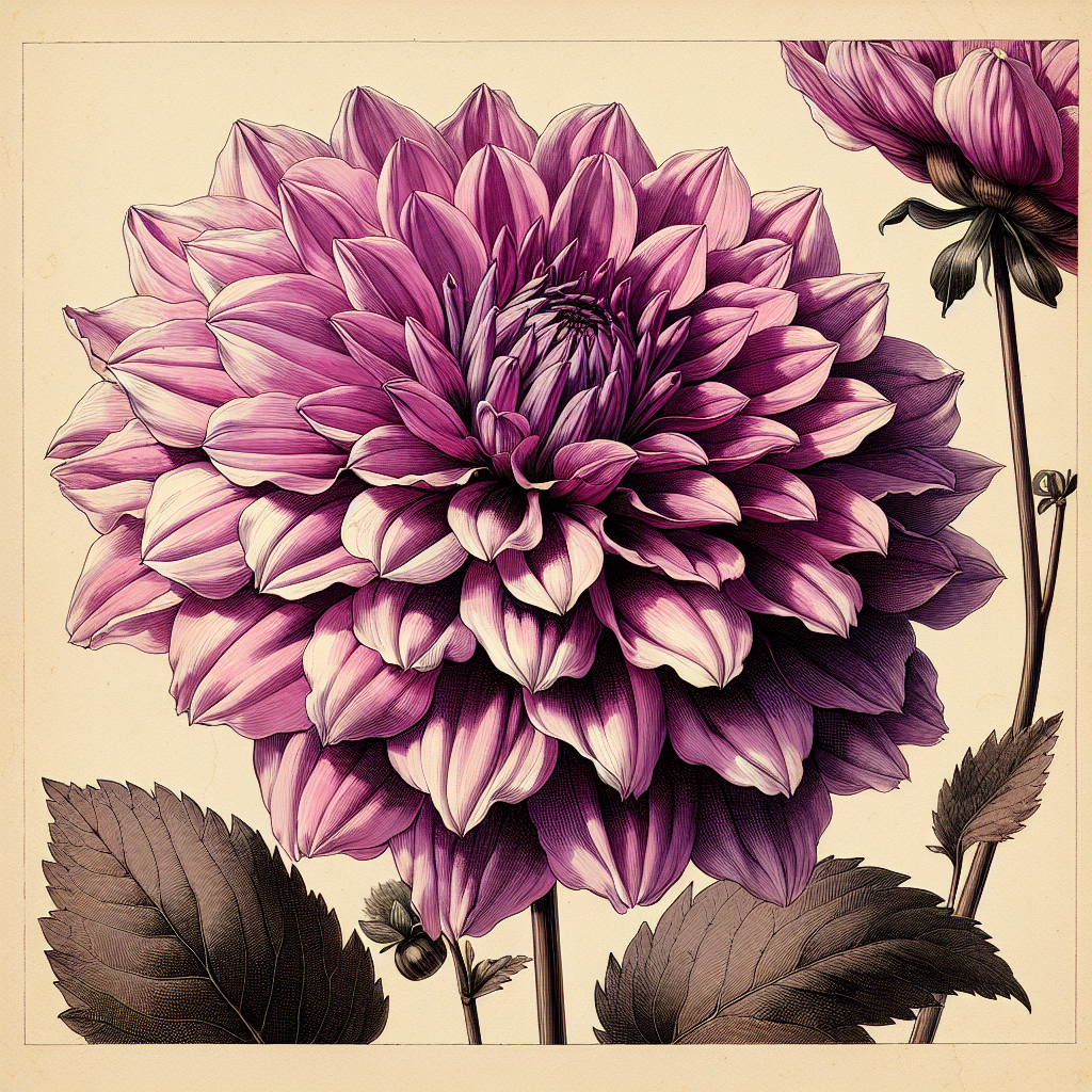 Botanical plate illustration of Emory Paul dahlia, Purple Informal Decorative