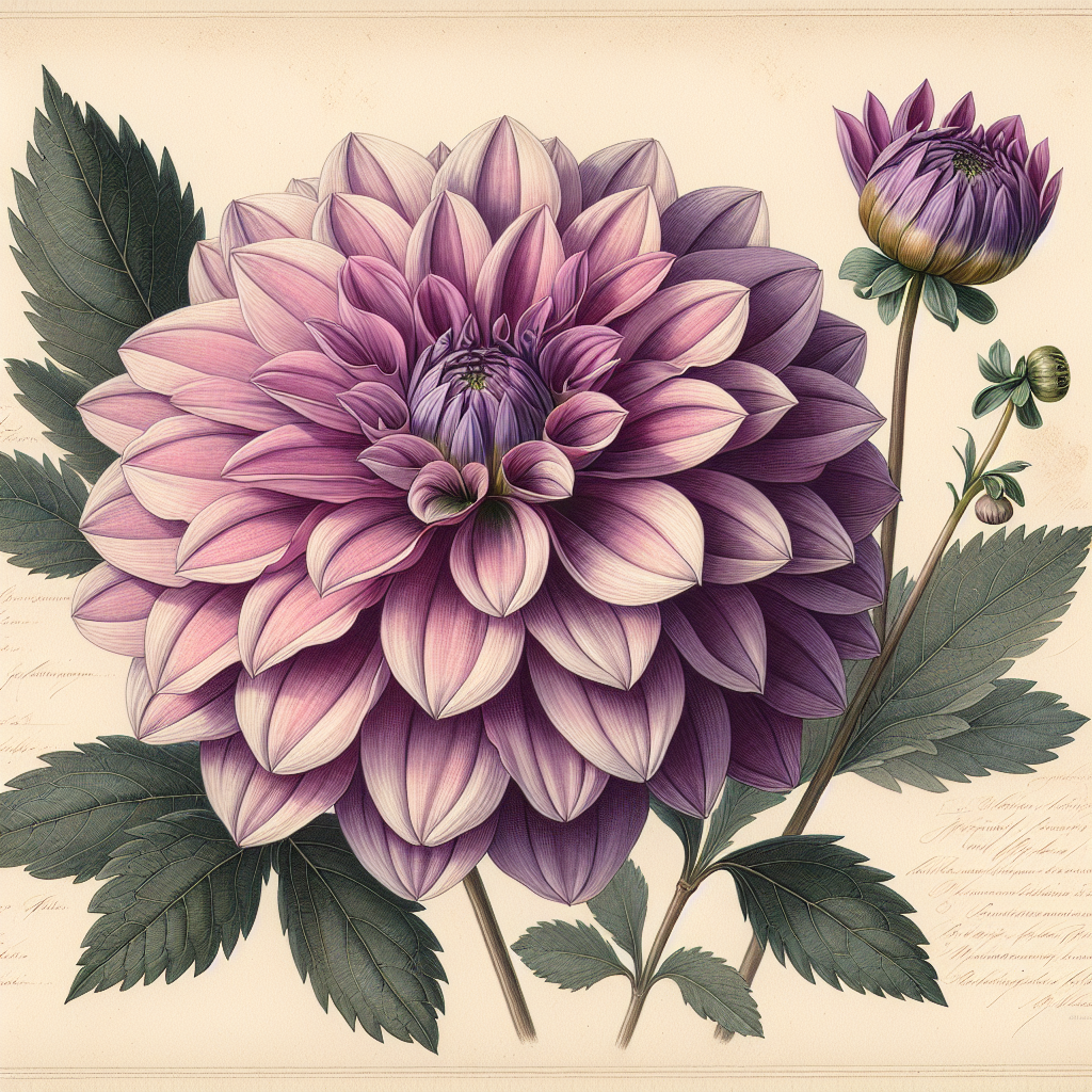 Botanical plate illustration of Esmee dahlia, Purple Formal Decorative