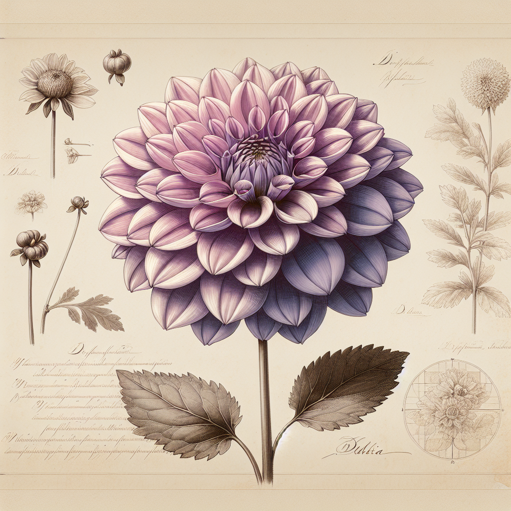 Botanical plate illustration of Fancy Pants dahlia, Lavender Collarette