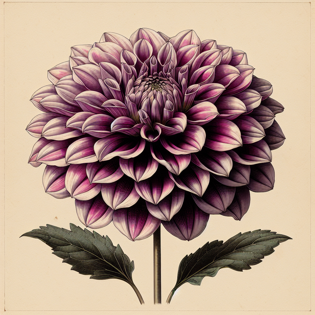 Botanical plate illustration of Fascination dahlia, Dark Pink Peony