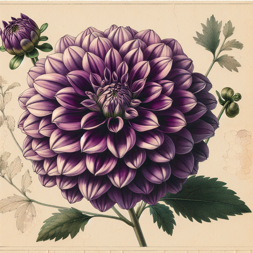 Botanical plate illustration of Felida Ornament dahlia, Purple Formal Decorative