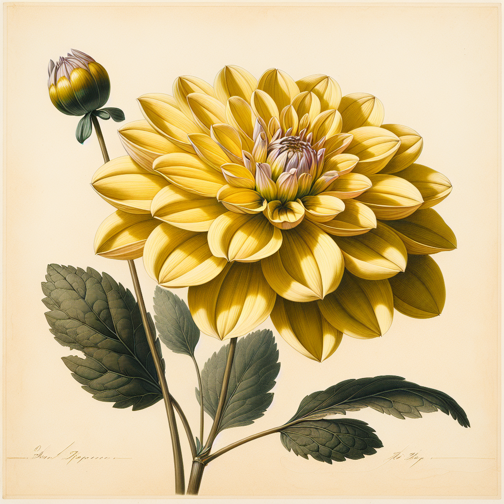 Botanical plate illustration of Fern Irene dahlia, Yellow Straight Cactus
