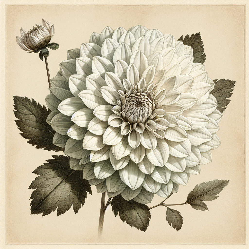 Botanical plate illustration of Ferncliff Alpine dahlia, White Formal Decorative