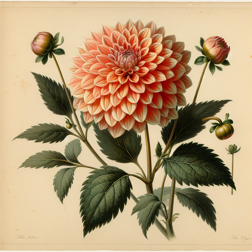 Botanical plate illustration of Ferncliff Apricot dahlia, Orange Formal Decorative