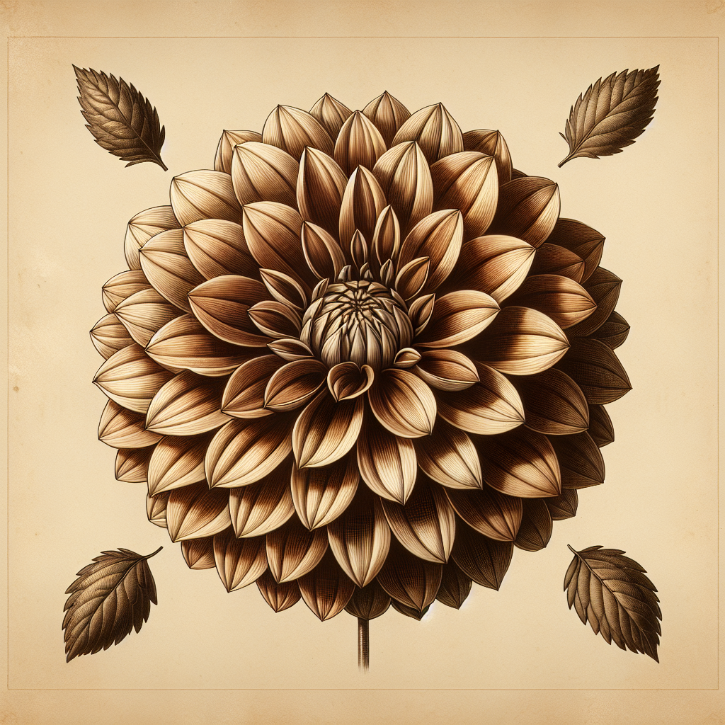 Botanical plate illustration of Ferncliff Copper dahlia, Bronze Formal Decorative