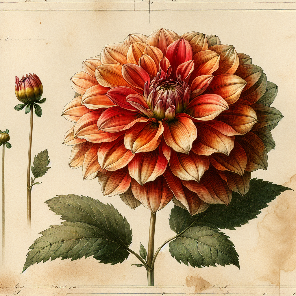 Botanical plate illustration of Ferncliff Fuego dahlia, Flame Blend Semi-Cactus
