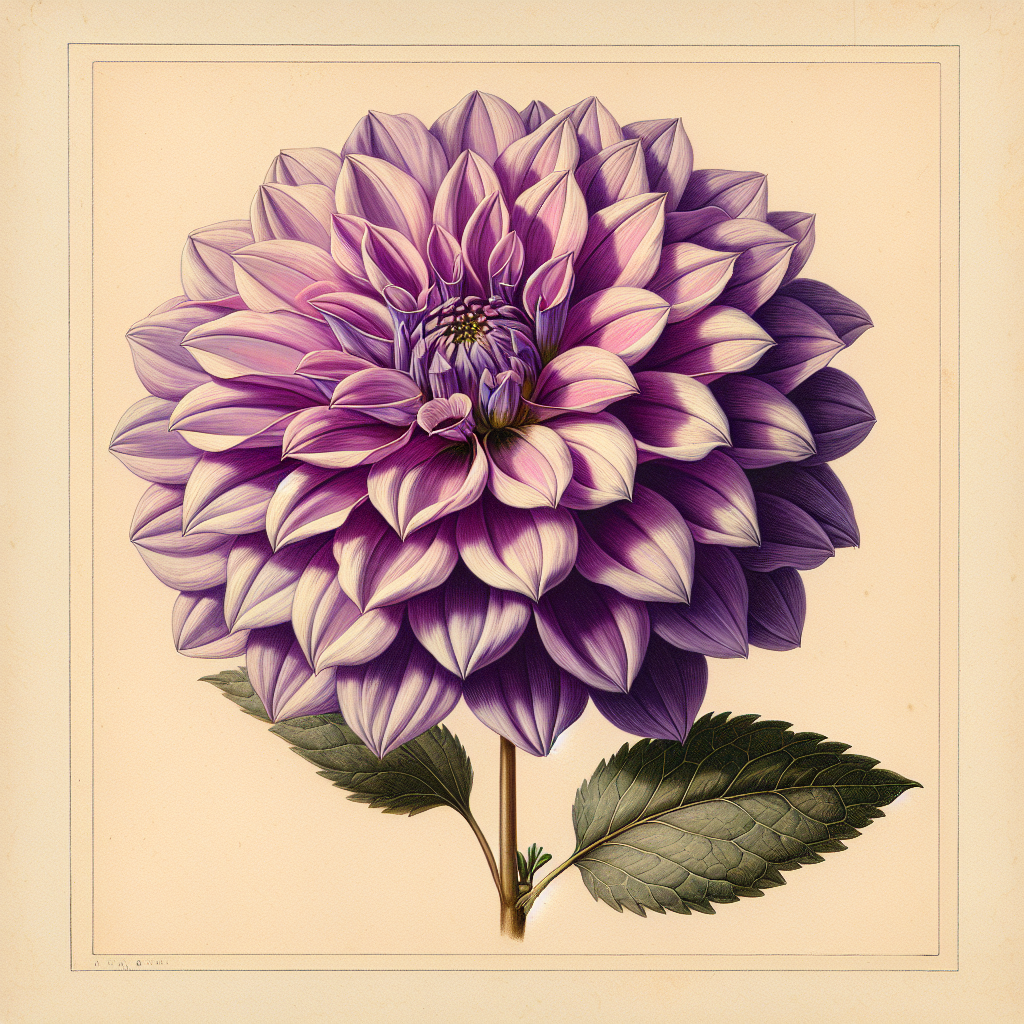 Botanical plate illustration of Ferncliff Inspiration dahlia, Lavender Informal Decorative