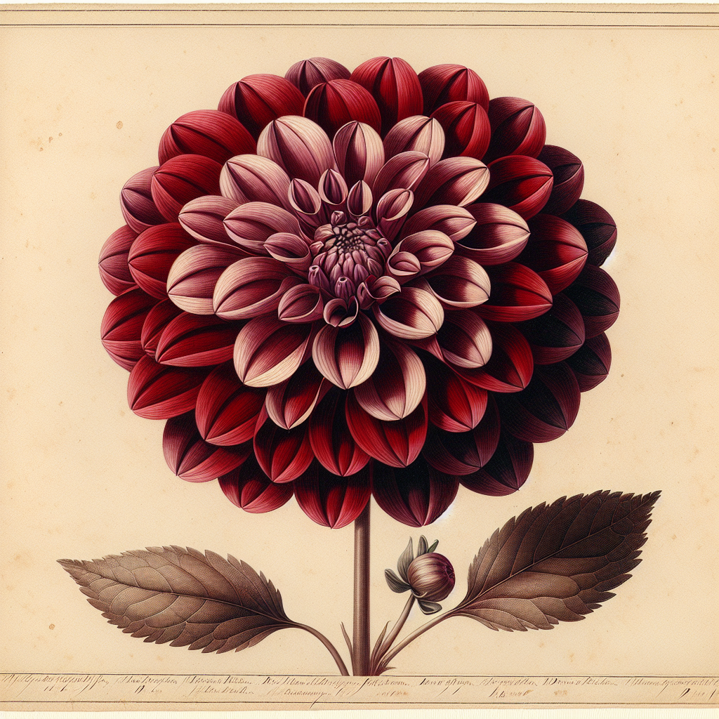 Botanical plate illustration of Fidalgo Blacky dahlia, Dark Red Formal Decorative