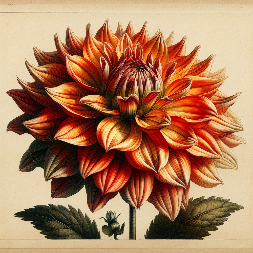 Botanical plate illustration of Fire Magic dahlia, Flame Blend Semi-Cactus