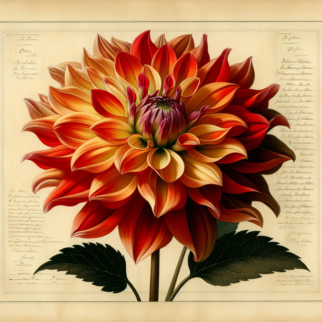 Botanical plate illustration of Fireworks dahlia, Flame Blend Incurved Cactus