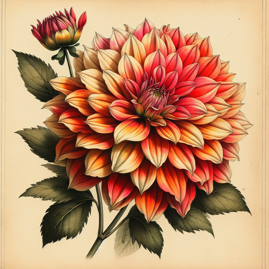Botanical plate illustration of Flamethrower dahlia, Flame Blend Informal Decorative