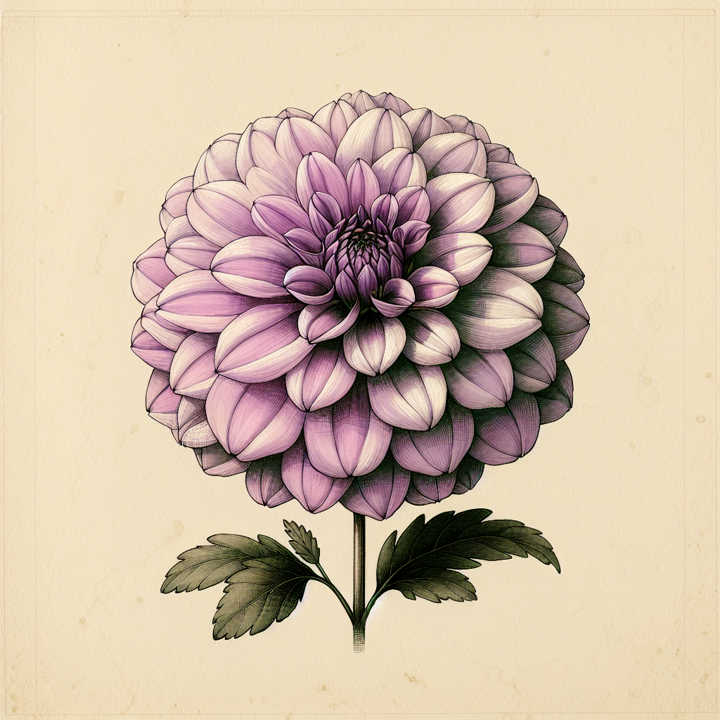 Botanical plate illustration of Formby Perfection dahlia, Lavender Formal Decorative