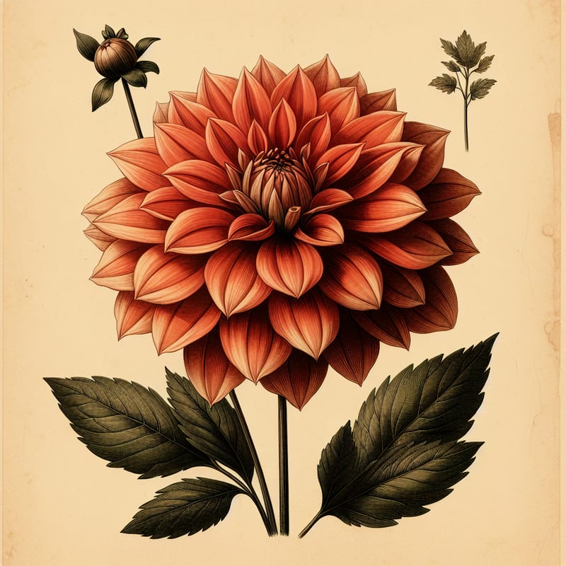 Botanical plate illustration of Fortune Teller dahlia, Orange Informal Decorative