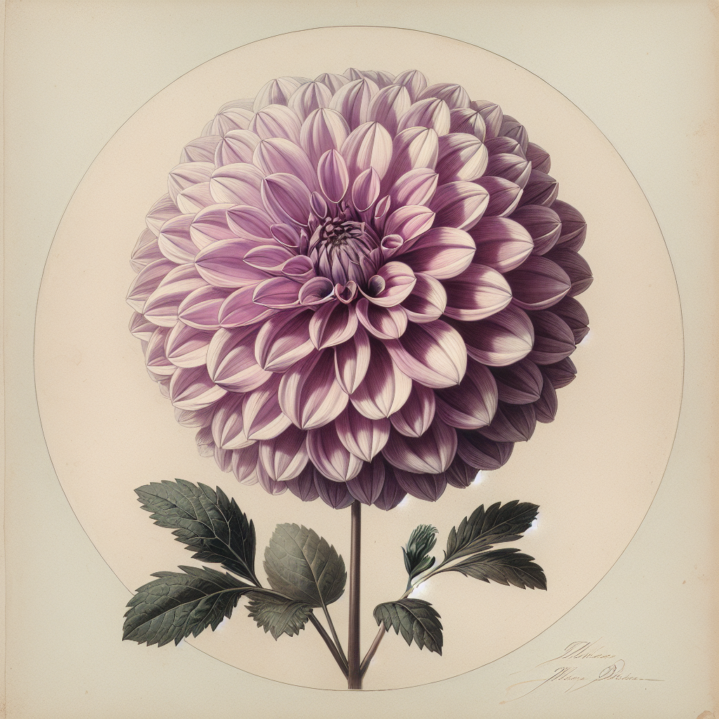 Botanical plate illustration of Franz Kafka dahlia, Lavender Informal Decorative