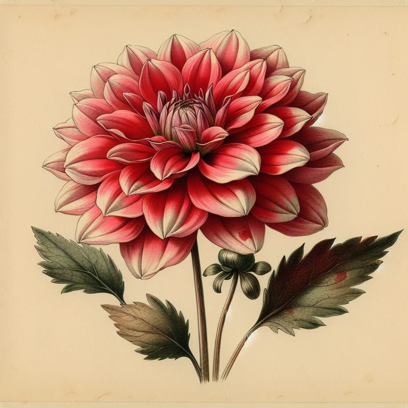 Botanical plate illustration of Gallant Fox dahlia, Red Informal Decorative