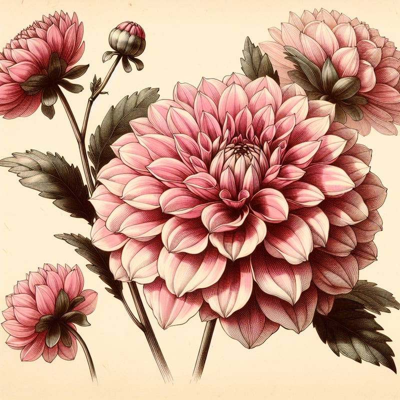 Botanical plate illustration of Gallery Art Deco dahlia, Pink Formal Decorative