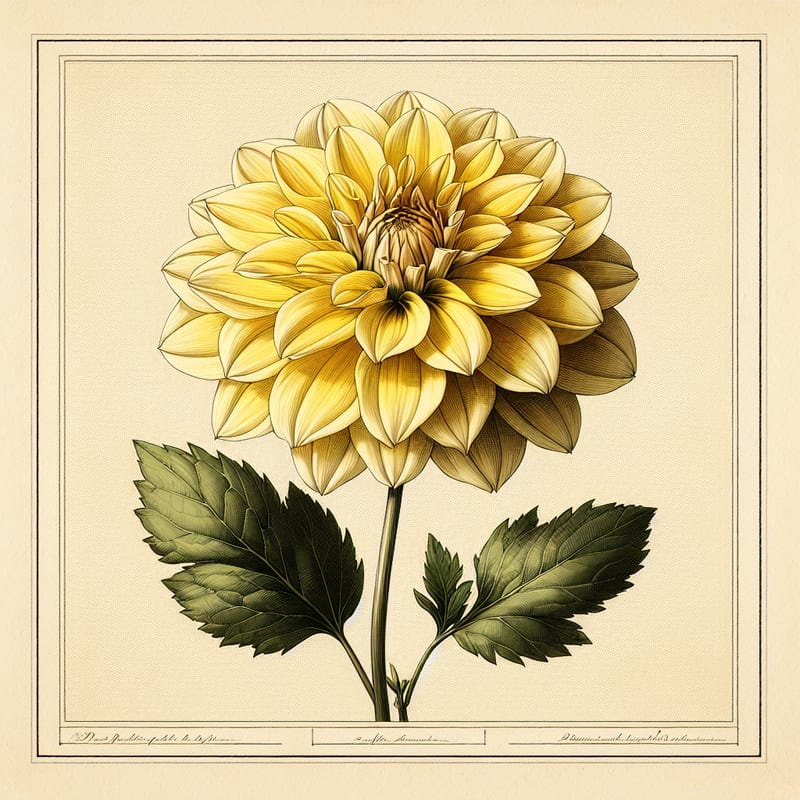 Botanical plate illustration of Gallery Art Fair dahlia, Yellow Formal Decorative