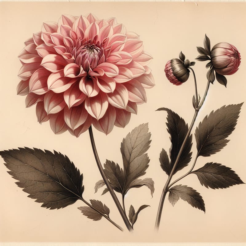 Botanical plate illustration of Gallery Rembrandt dahlia, Pink Formal Decorative