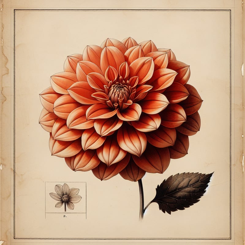 Botanical plate illustration of Gallery Salvador dahlia, Orange Formal Decorative