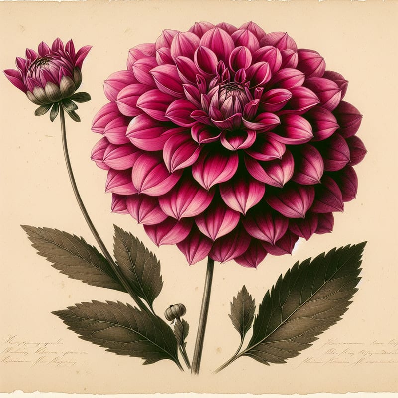 Botanical plate illustration of Gallery Singer dahlia, Dark Pink Formal Decorative