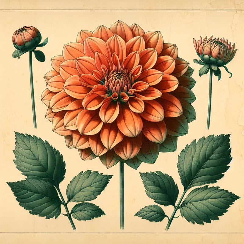 Botanical plate illustration of Gallery Vincent dahlia, Orange Formal Decorative