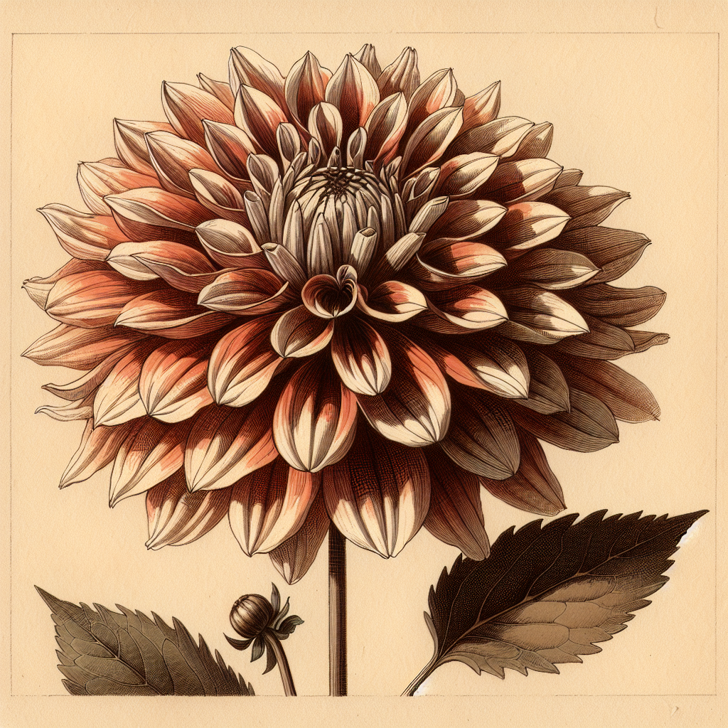 Botanical plate illustration of Garden Party dahlia, Bronze Straight Cactus