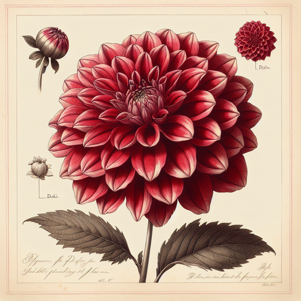 Botanical plate illustration of Garden Wonder dahlia, Red Formal Decorative