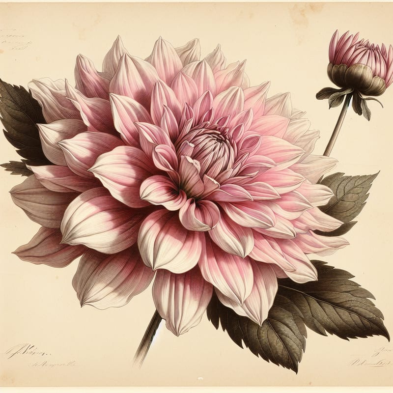 Botanical plate illustration of Gerrie Hoek dahlia, Pink Waterlily