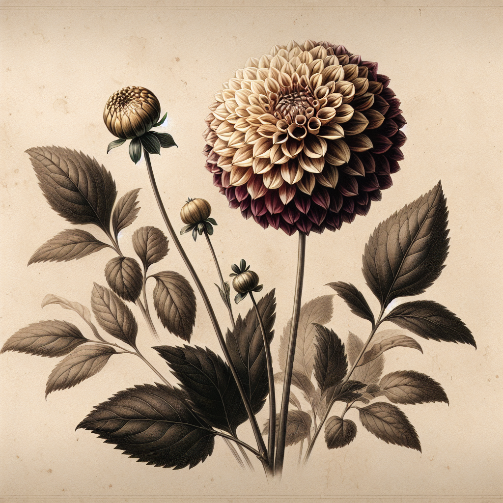 Botanical plate illustration of Ginger Willo dahlia, Dark Blend Semi-Cactus
