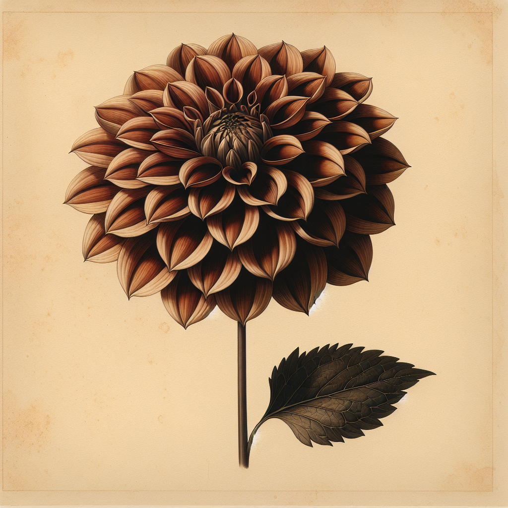 Botanical plate illustration of Glenbank Honeycomb dahlia, Bronze Semi-Cactus