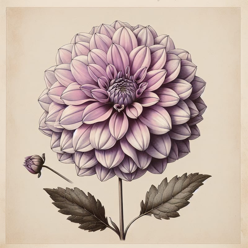 Botanical plate illustration of Great Silence dahlia, Lavender Formal Decorative
