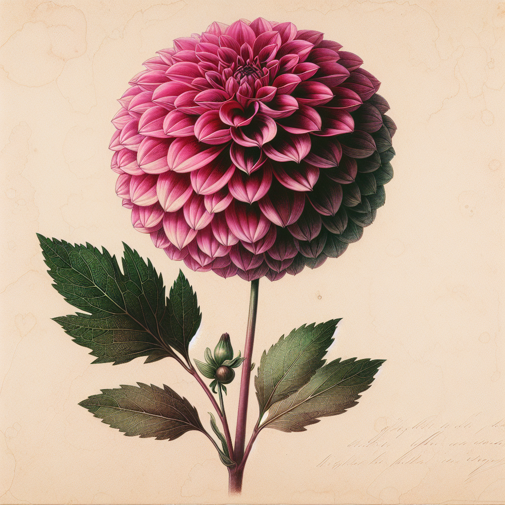Botanical plate illustration of Hallmark dahlia, Purple Peony