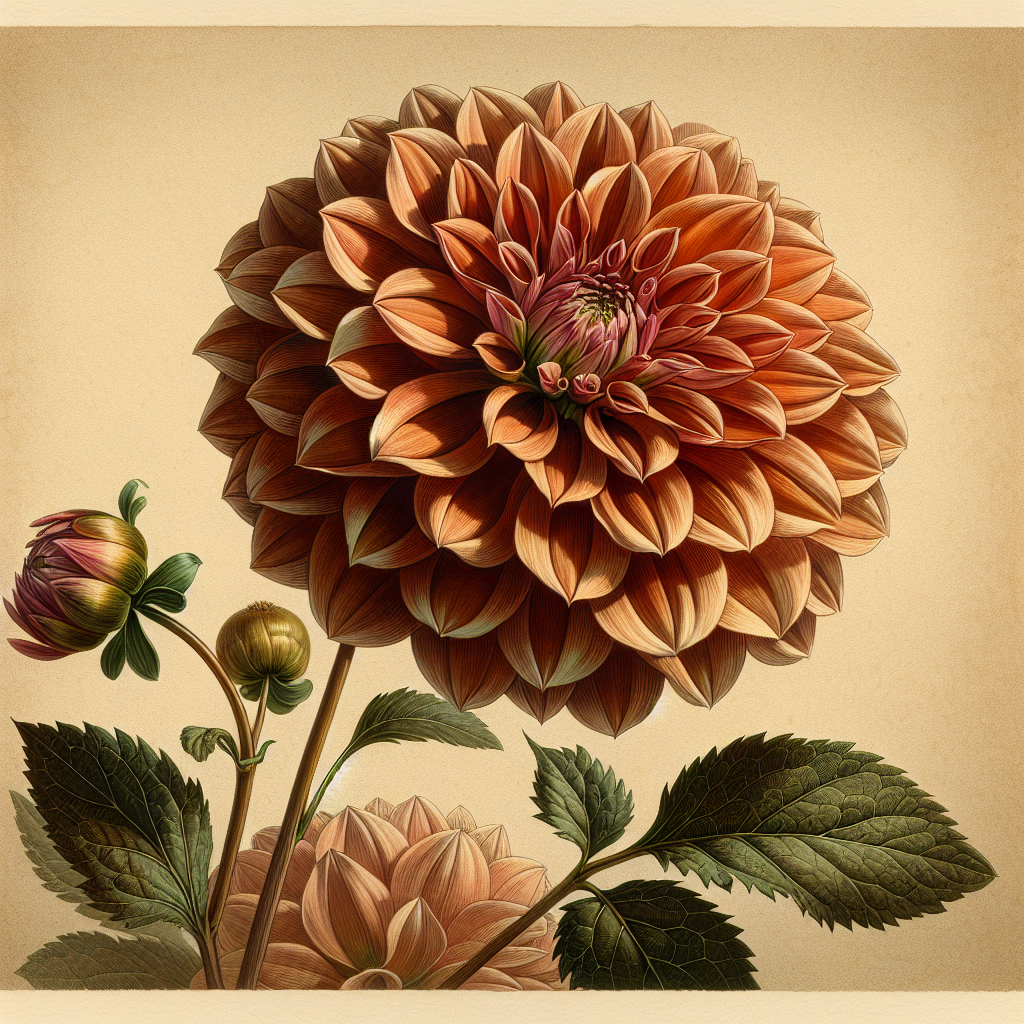 Botanical plate illustration of Hamari Gold dahlia, Bronze Informal Decorative