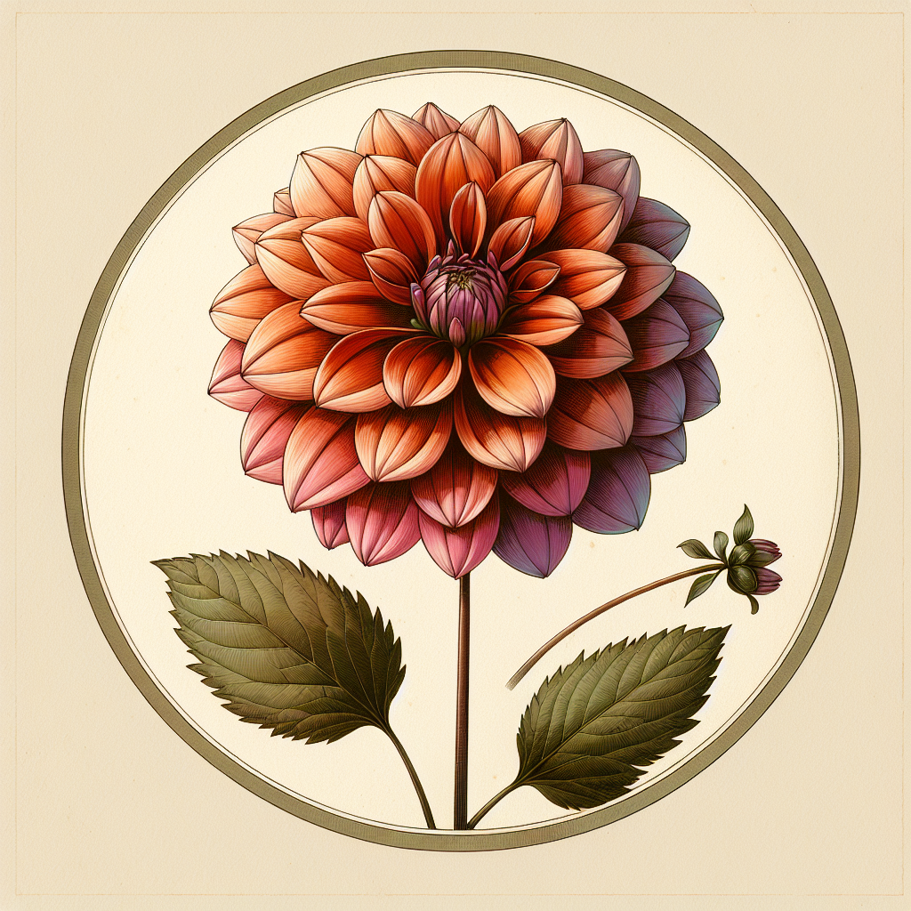 Botanical plate illustration of Hamilton Lillian dahlia, Orange Formal Decorative