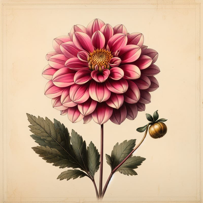 Botanical plate illustration of Happy Single Date dahlia, Dark Pink Single