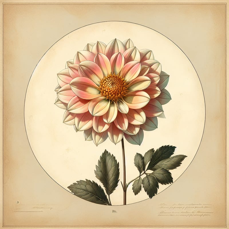 Botanical plate illustration of Happy Single First Love dahlia, Light Blend Single