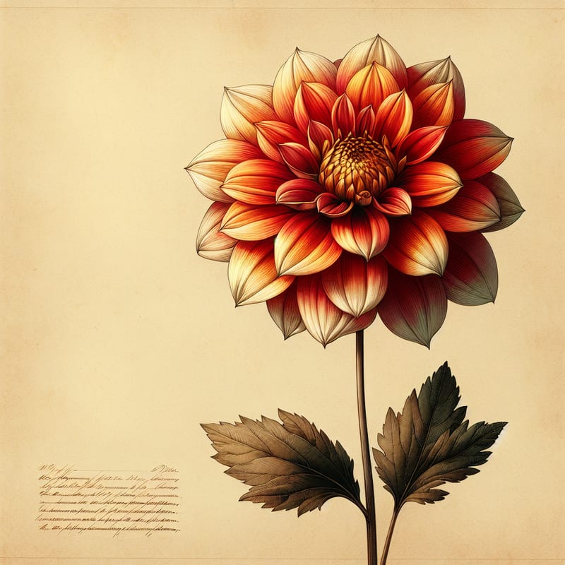 Botanical plate illustration of Happy Single Flame dahlia, Flame Blend Single