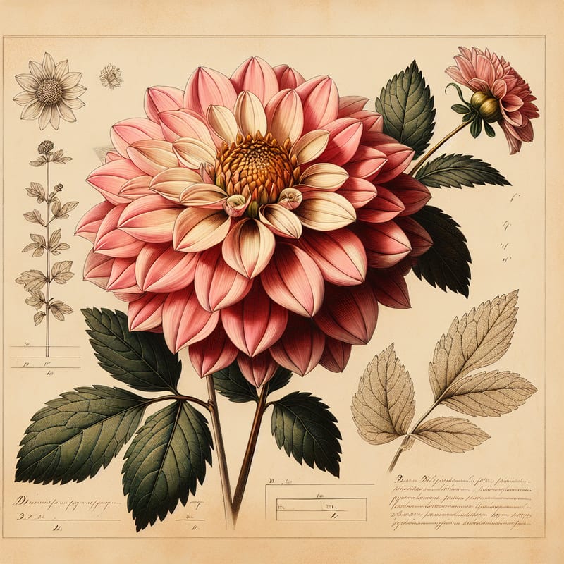 Botanical plate illustration of Happy Single Kiss dahlia, Pink Single