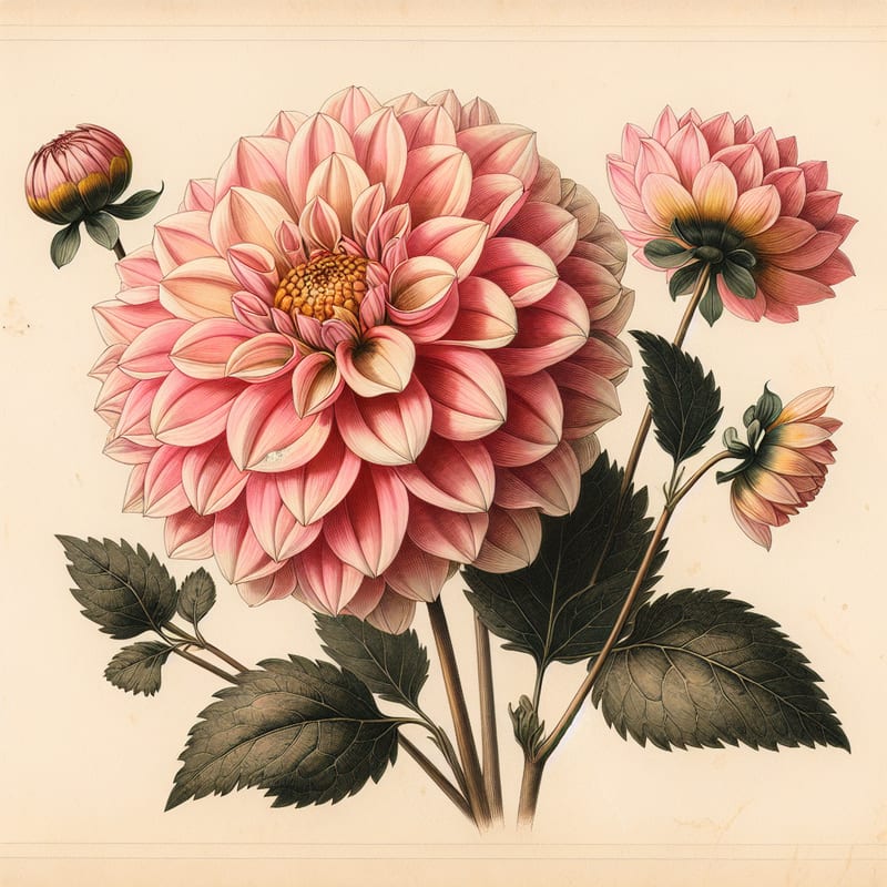 Botanical plate illustration of Happy Single Party dahlia, Pink Single