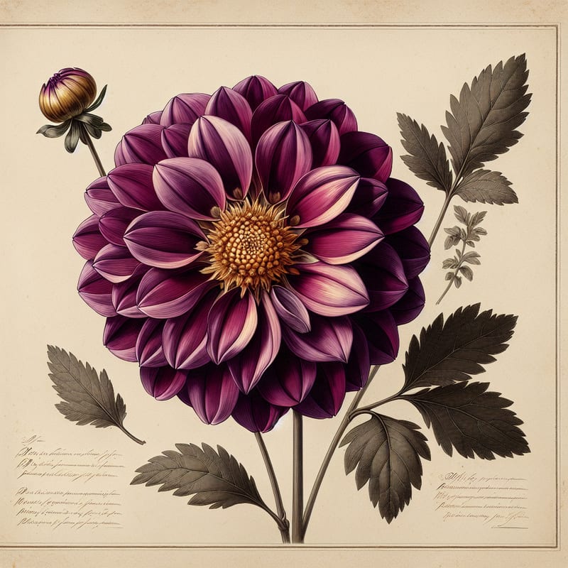 Botanical plate illustration of Happy Single Princess dahlia, Purple Single