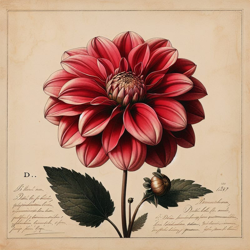 Botanical plate illustration of Happy Single Romeo dahlia, Red Single