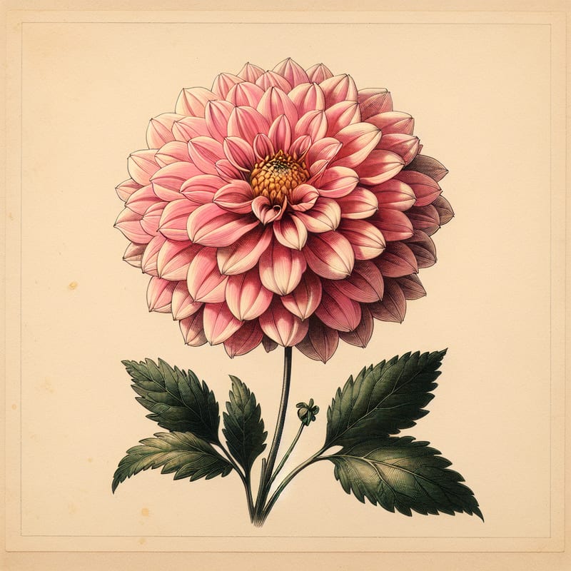 Botanical plate illustration of Happy Single Wink dahlia, Pink Single