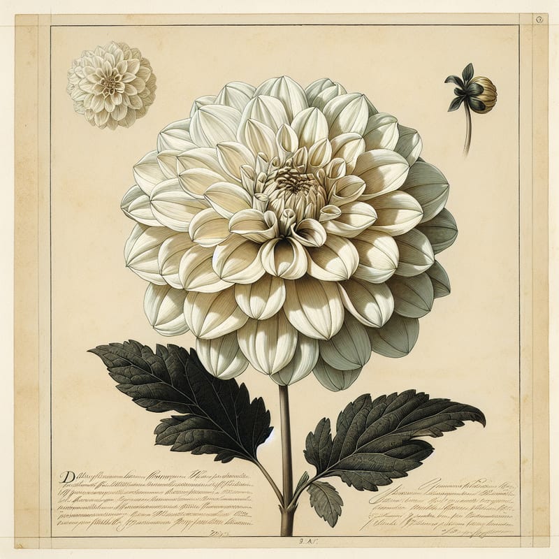 Botanical plate illustration of Hart's Dr McQueen dahlia, White Formal Decorative