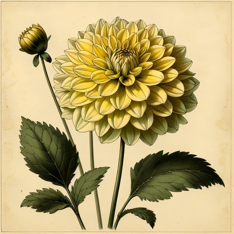 Botanical plate illustration of Harvest Moonlight dahlia, Yellow Informal Decorative