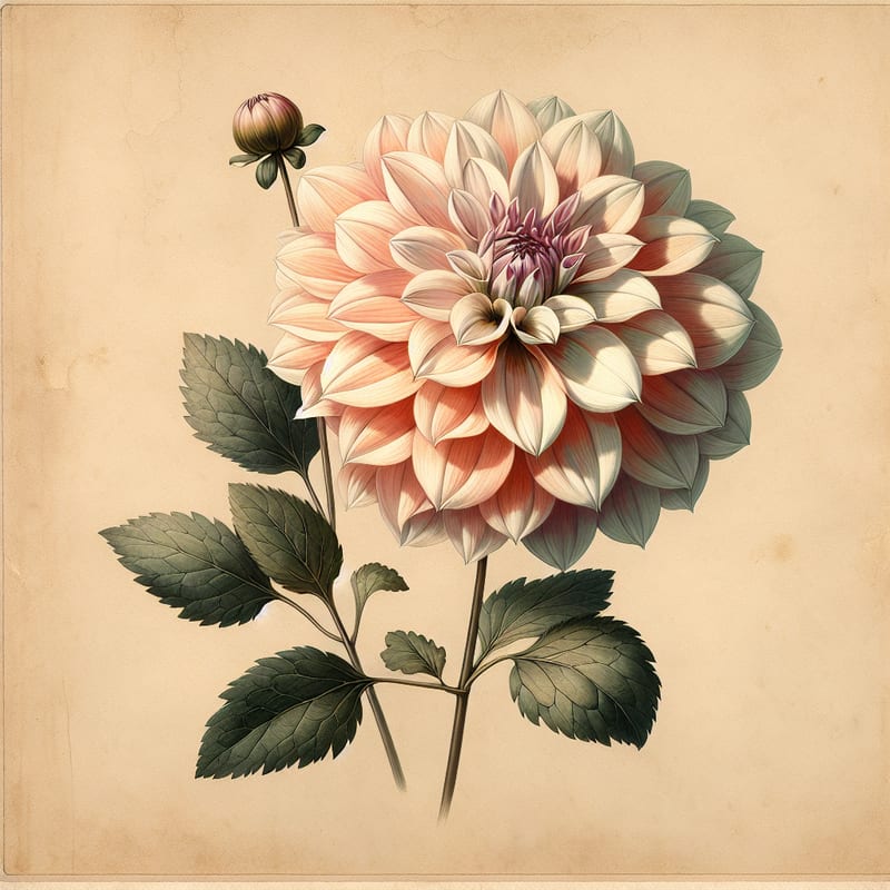 Botanical plate illustration of Hexam dahlia, Light Blend Semi-Cactus