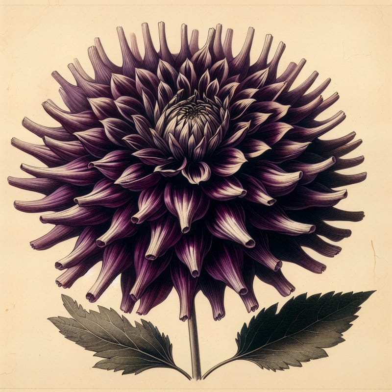 Botanical plate illustration of Hillcrest Royal dahlia, Purple Straight Cactus